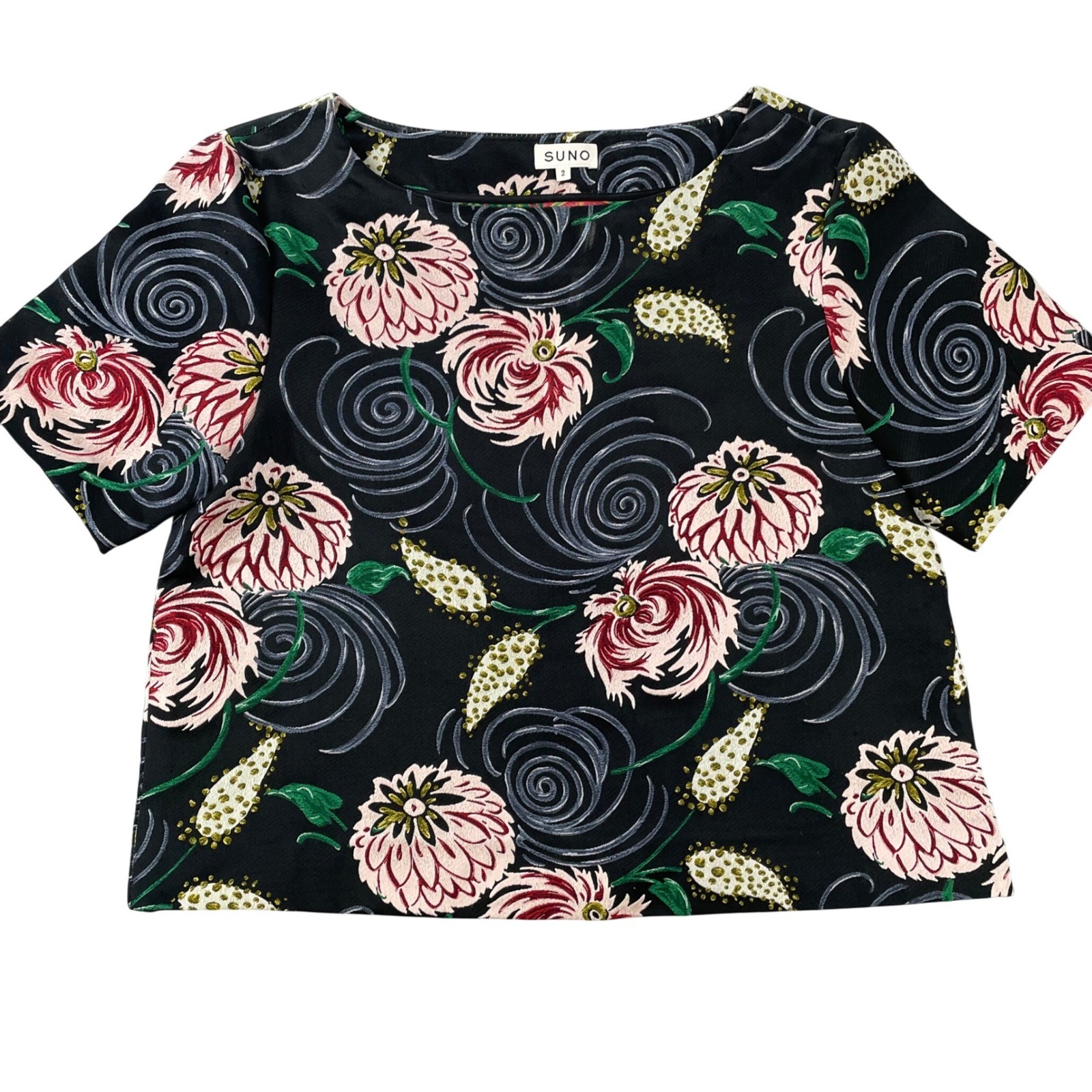 Suno Womens Floral Jacquard Crop Top Black Pink Green Short Sleeve Blouse Size 2